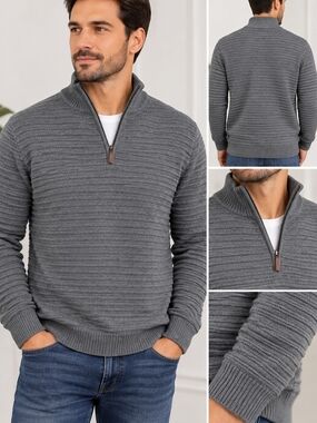 Men's Ribbed Quarter-Zip Sweater - Gray
